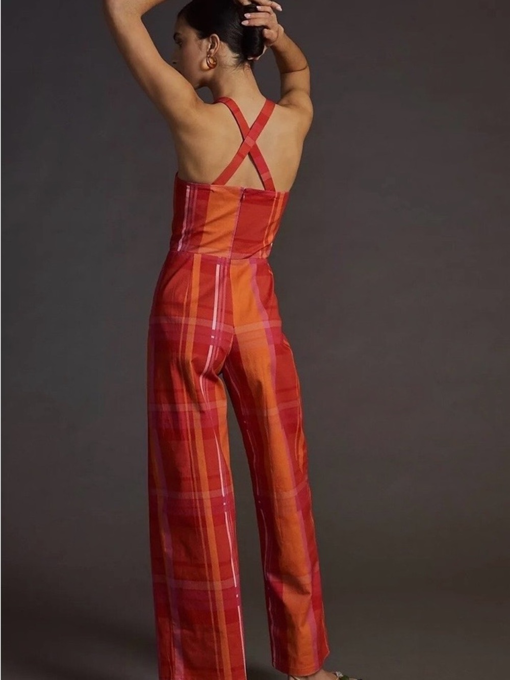 Anthropologie Corey Lynn Calter Orange & Red Plaid Wide-Leg Jumpsuit-NWOT - Picture 2 of 5
